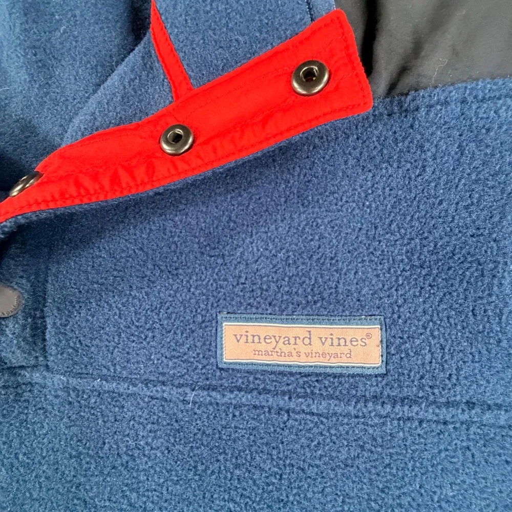 Vineyard Vines Fleece Pullover Mens S M Blue Red Snap Neck Mock Neck preppy teen